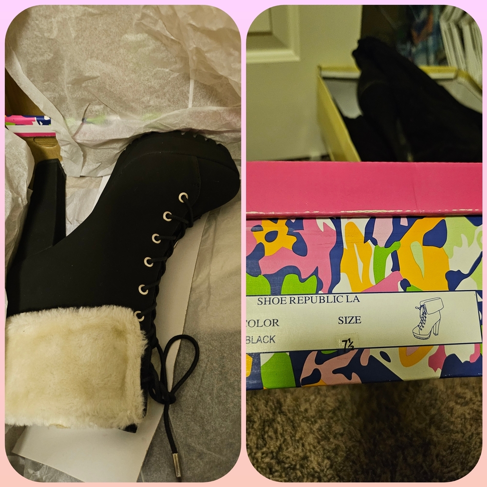Shoe Republic LA Black Lace Up Boots with Fur Trim